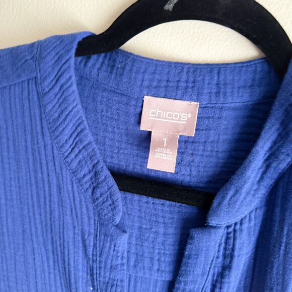 Chico's Blue Muslin Cotton Knee Length V Neck Dress - Size 1 or Medium - Picture 3 of 8